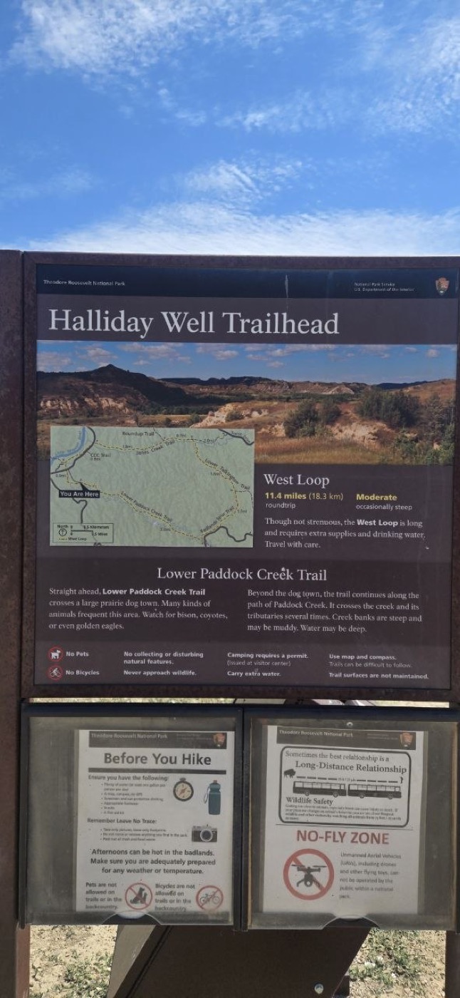 The Halliday Well Trailhead interpretive sign showing the West Loop and Lower Paddock Creek Trail routes