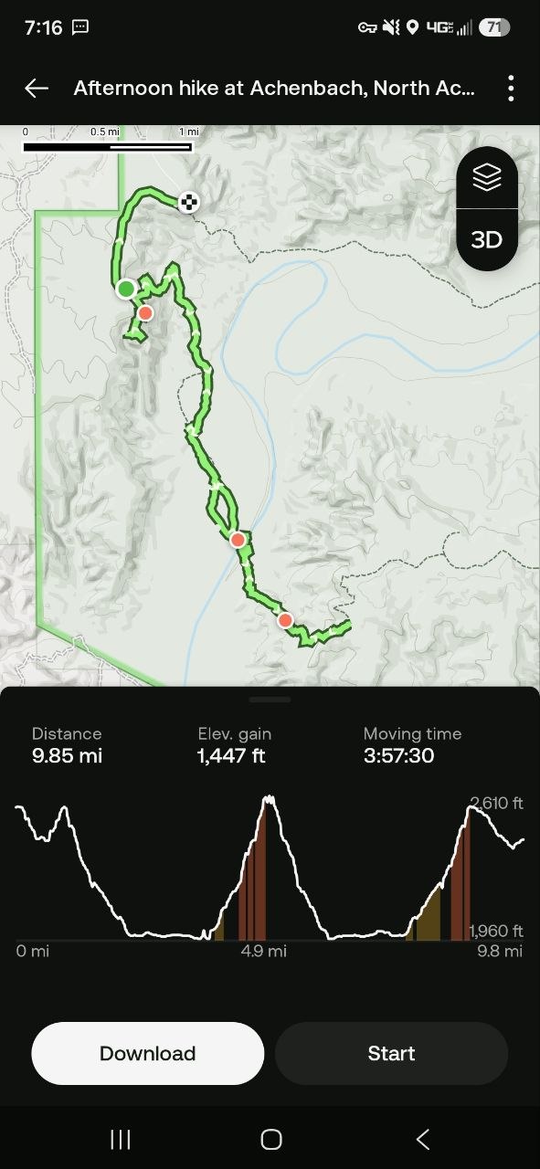AllTrails route map and elevation profile for the South Achenbach hike, showing 9.85 miles, 1,447 ft of elevation gain, and a moving time of 3:57:30.