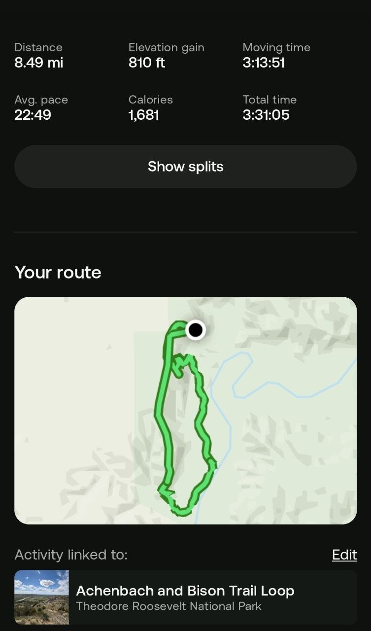 AllTrails stats for the Achenbach and Bison Trail Loop — 8.49 miles, 810 ft elevation gain, 3:13:51 moving time.