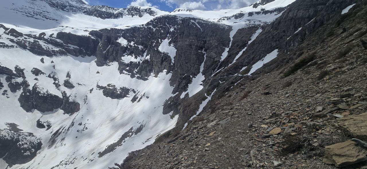 The snow-filled cirque and headwall below Swiftcurrent Pass, with the trail traversing scree on the right