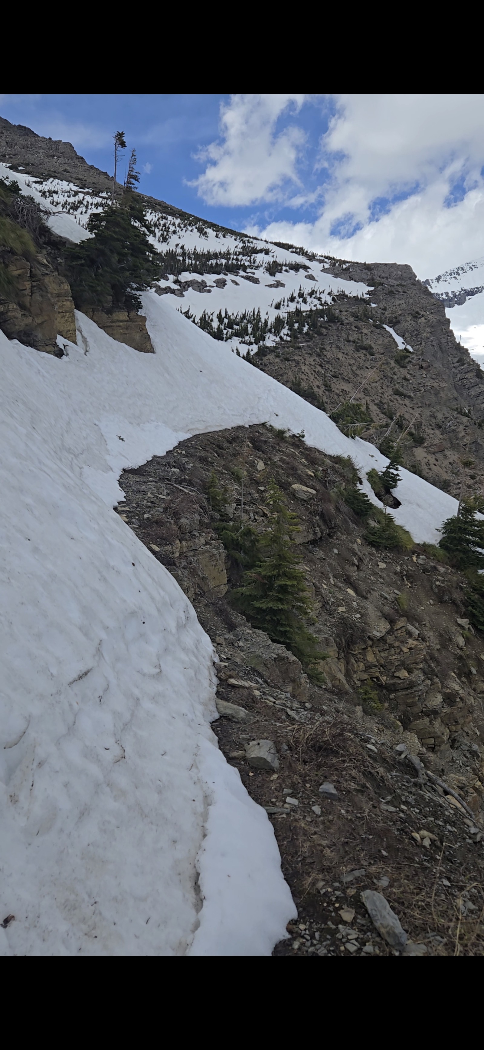 The steep, exposed snow ledge at the 6-mile mark just below Swiftcurrent Pass that ended the hike